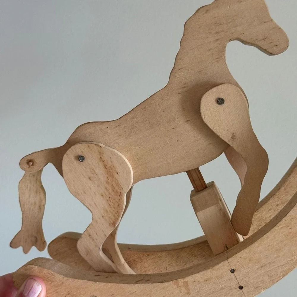 Vintage Handcrafted Wooden Rocking Horse Articulated Moving Legs Natural Wood